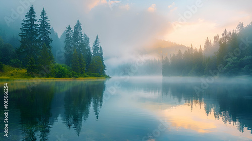 Misty morning scene of Lacu Rosu lake. Foggy summer sunrise in Harghita County, Romania, Europe. Beauty of nature concept background