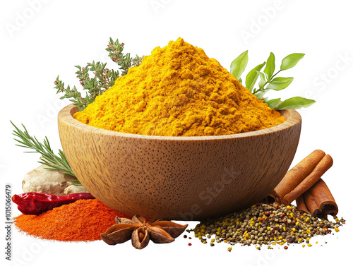 Turmeric Powder in Wooden Bowl with Spices and Herbs