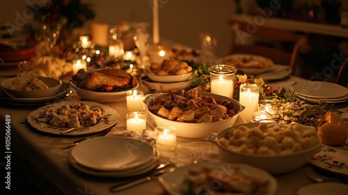 Elegant Christmas Feast Table Setting with Candles