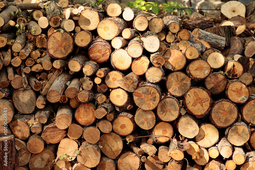 Close-up of sawn firewood stacked in a pile Close-up of sawn firewood stacked in a pile