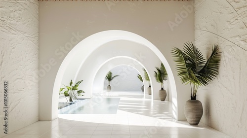 arched hallway with textured white walls, white flooring