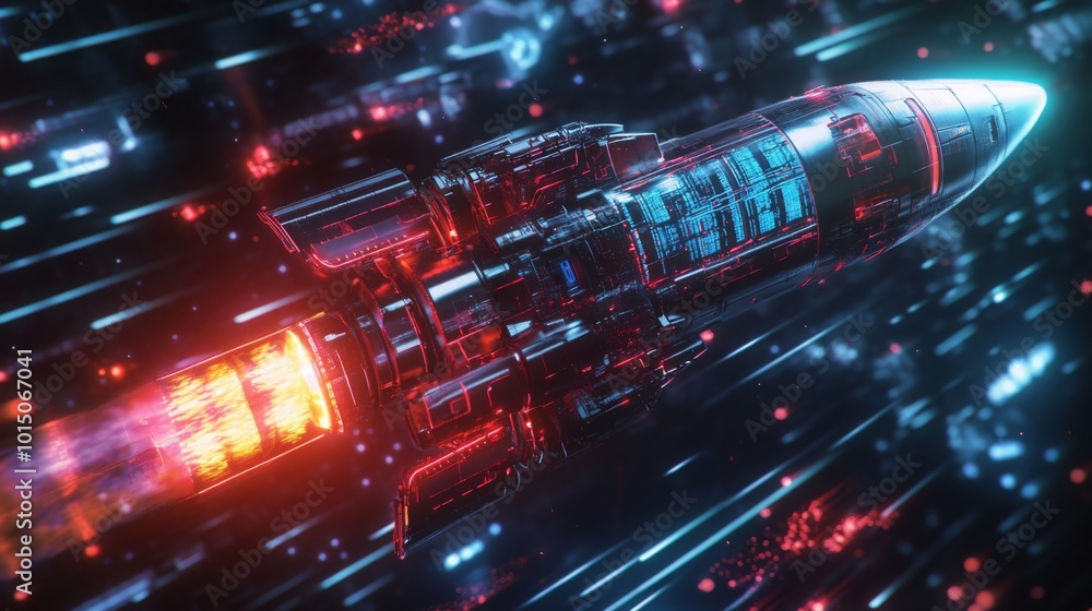 A metallic spaceship with glowing red and blue accents travels through a dark space filled with neon lines and glowing particles. The spaceship's engine is firing, producing a bright orange flame. A metallic spaceship with glowing red and blue accents travels through a dark space filled with neon lines and glowing particles. The spaceship's engine is firing, producing a bright orange flame.
