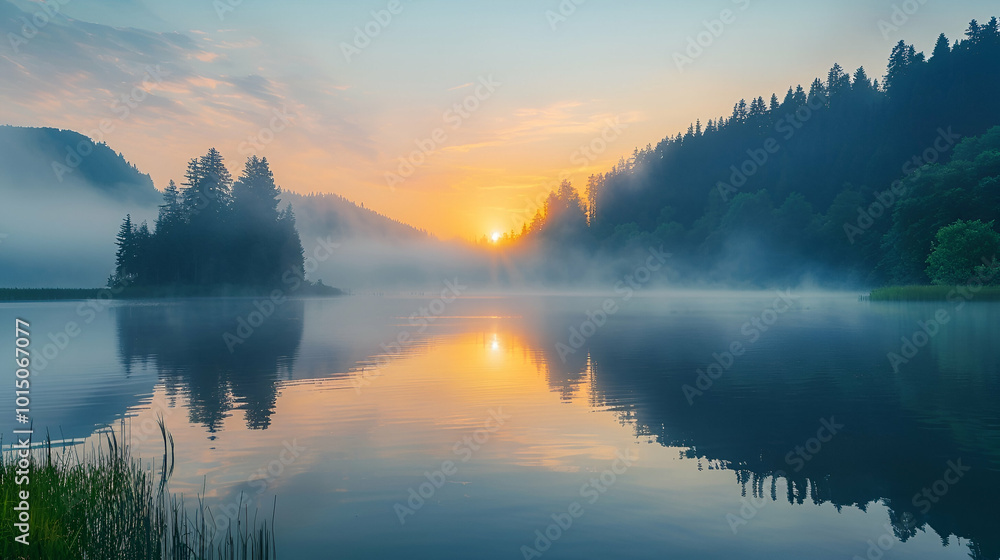 Misty morning scene of Lacu Rosu lake. Foggy summer sunrise in Harghita County, Romania, Europe. Beauty of nature concept background Misty morning scene of Lacu Rosu lake. Foggy summer sunrise in Harghita County, Romania, Europe. Beauty of nature concept background