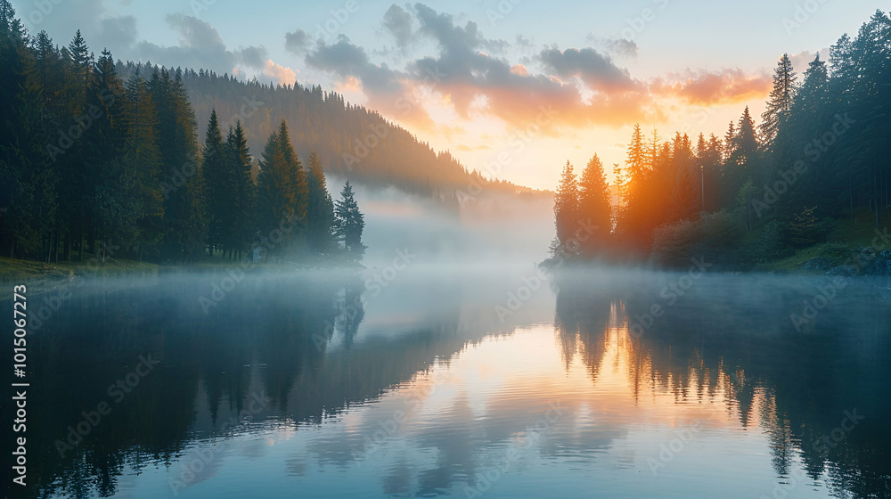 Fototapeta premium Misty morning scene of Lacu Rosu lake. Foggy summer sunrise in Harghita County, Romania, Europe. Beauty of nature concept background