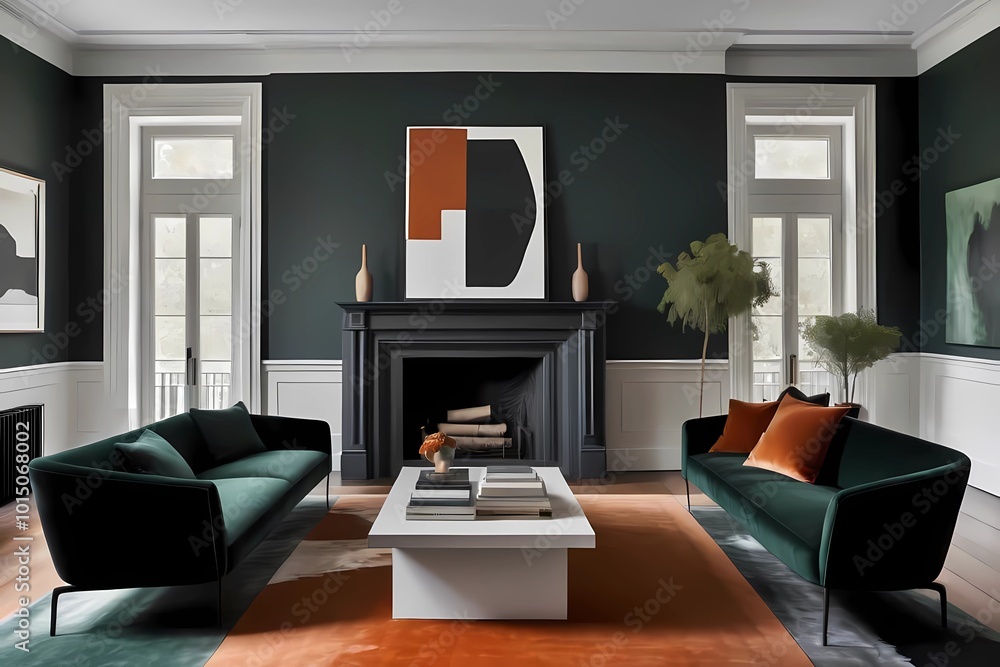 Fototapeta premium Modern cozy living room with stylish wooden furniture, minimalist design, elegant lighting, and vintage decor