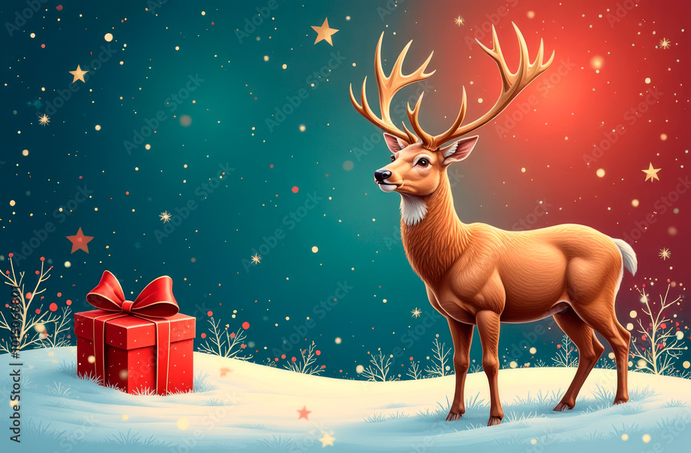 Deer in a winter night festive forest. Illustration, postcard Deer in a winter night festive forest. Illustration, postcard