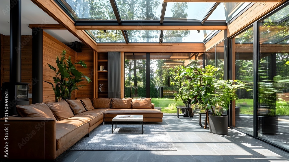 Serene Greenhouse-Style Living Space with Transparent Roof and Natural Sunlight Serene Greenhouse-Style Living Space with Transparent Roof and Natural Sunlight