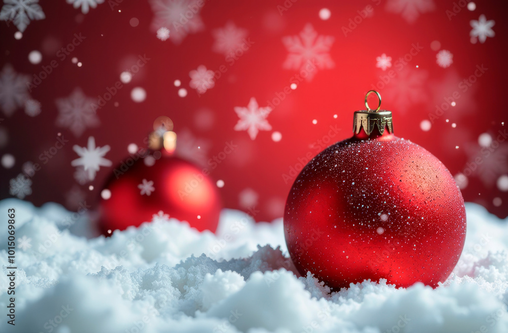 Red Christmas tree balls on snow. Red festive background with space for text. Postcard, illustration Red Christmas tree balls on snow. Red festive background with space for text. Postcard, illustration