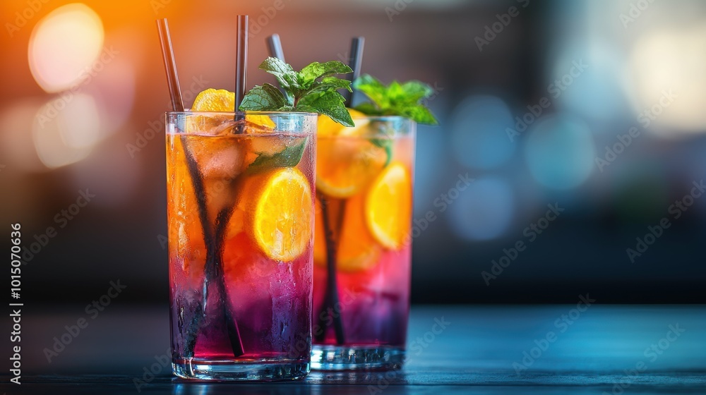 Colorful mocktail with fresh garnishes, on a blurred vibrant party setting Colorful mocktail with fresh garnishes, on a blurred vibrant party setting