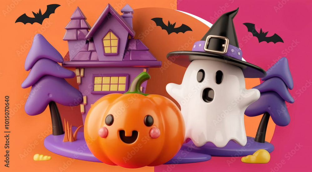 Playful Halloween scene with a ghost, pumpkin, and haunted house on a colorful background. Playful Halloween scene with a ghost, pumpkin, and haunted house on a colorful background.