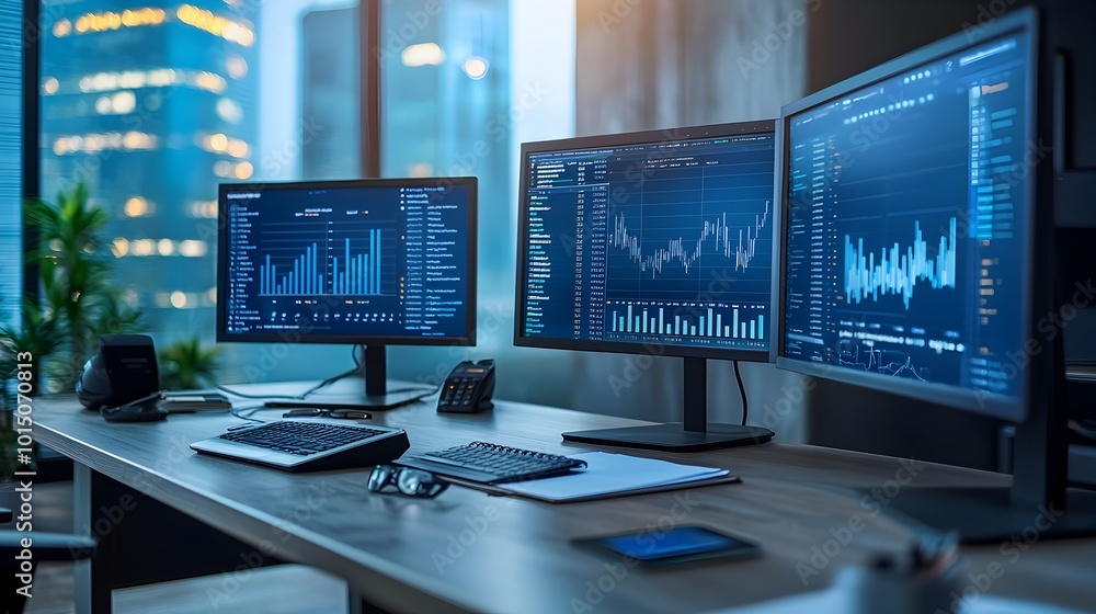 Digital Workspace with Dual Monitors Displaying Data Analytics for Business Insights Digital Workspace with Dual Monitors Displaying Data Analytics for Business Insights