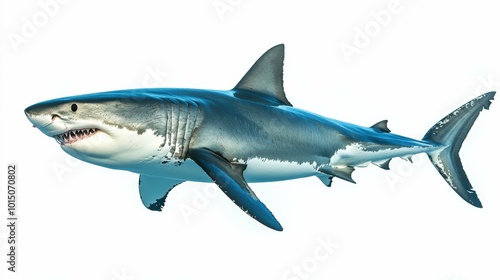 An imposing great white shark with strong lines and a sleek design, set against a white background