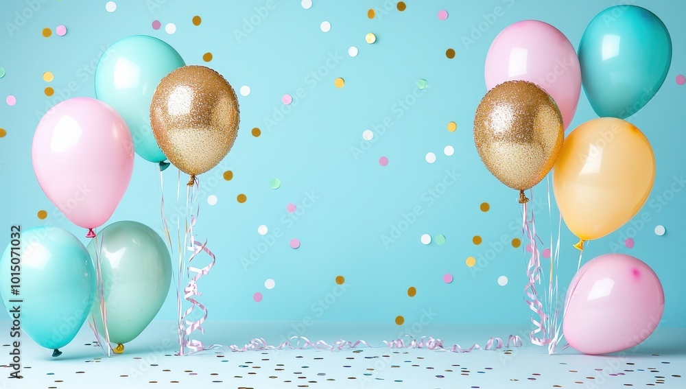 Photo & Art Print Pastel balloons and confetti on a blue ...