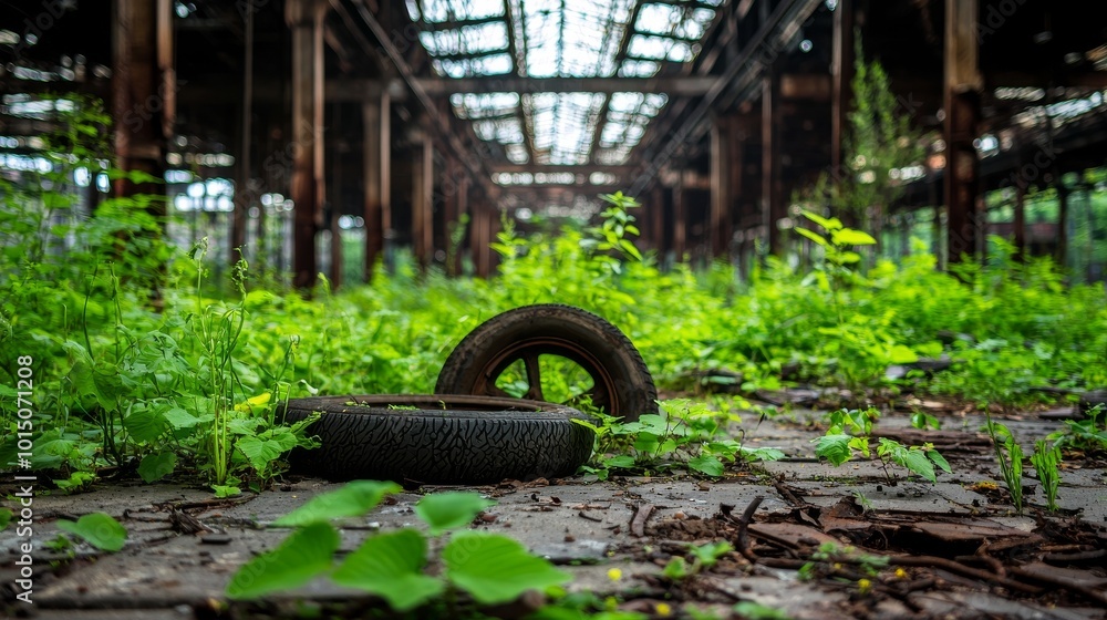 Abandoned tire surrounded by lush green vegetation in a derelict building.
