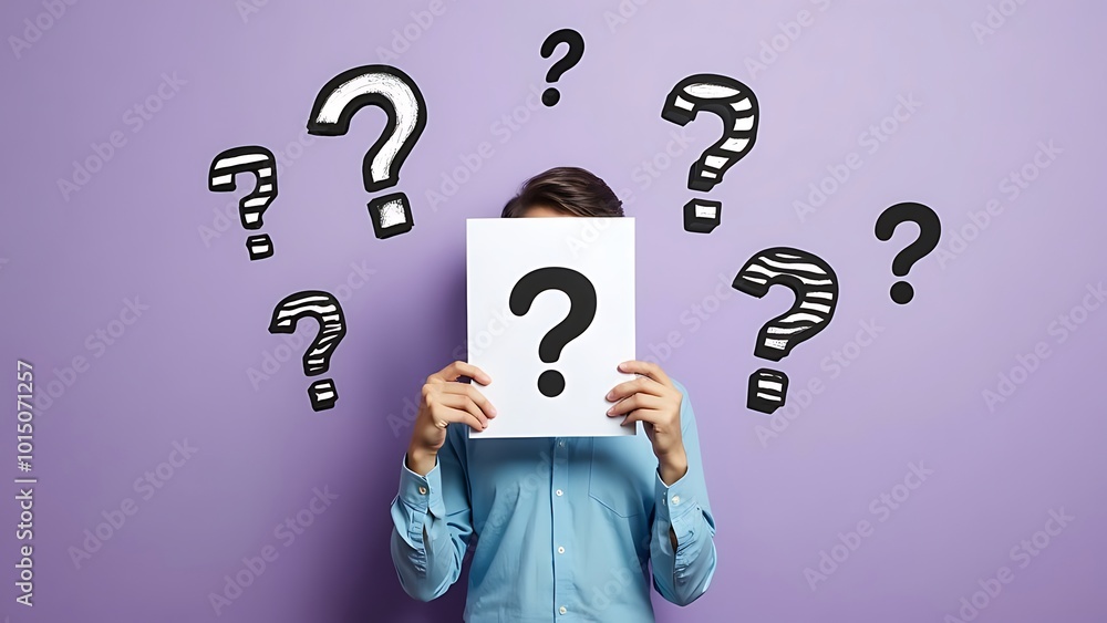 A person stands against a purple wall, holding a blank piece of paper in front of their face. Surrounding them are large, graphic question marks, symbolizing confusion or uncertainty. A person stands against a purple wall, holding a blank piece of paper in front of their face. Surrounding them are large, graphic question marks, symbolizing confusion or uncertainty.