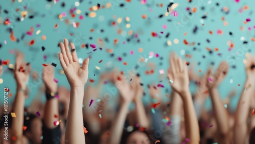 Celebrating Success, Hands Raised in Confetti Shower photo