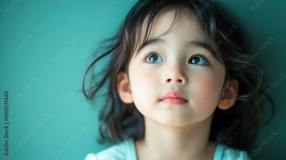 A thoughtful Asian child with a dreamlike expression, on a smooth pastel green background A thoughtful Asian child with a dreamlike expression, on a smooth pastel green background