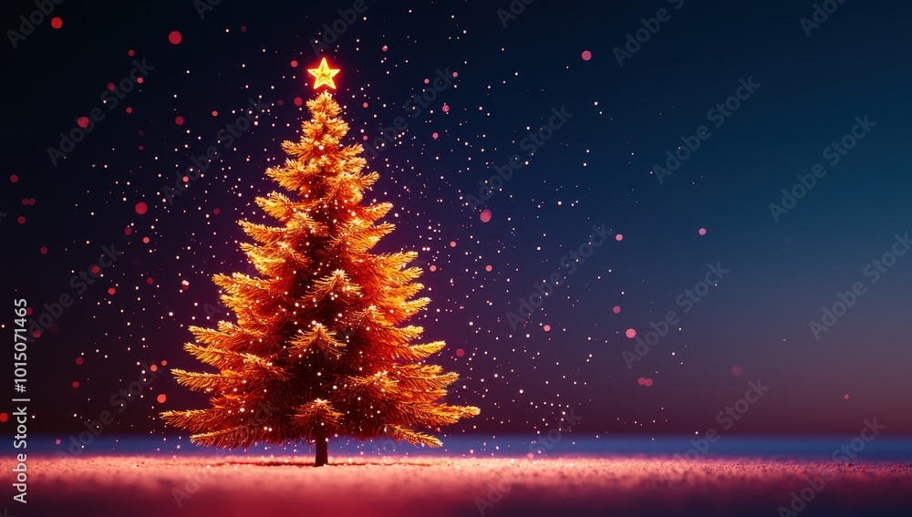 Golden Christmas tree with star on top in snowy landscape at night Golden Christmas tree with star on top in snowy landscape at night