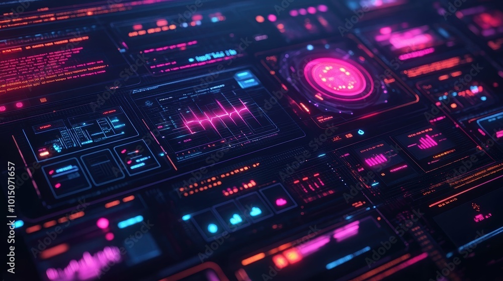 A futuristic digital marketing campaign layout with interactive elements, on a dark gradient background A futuristic digital marketing campaign layout with interactive elements, on a dark gradient background