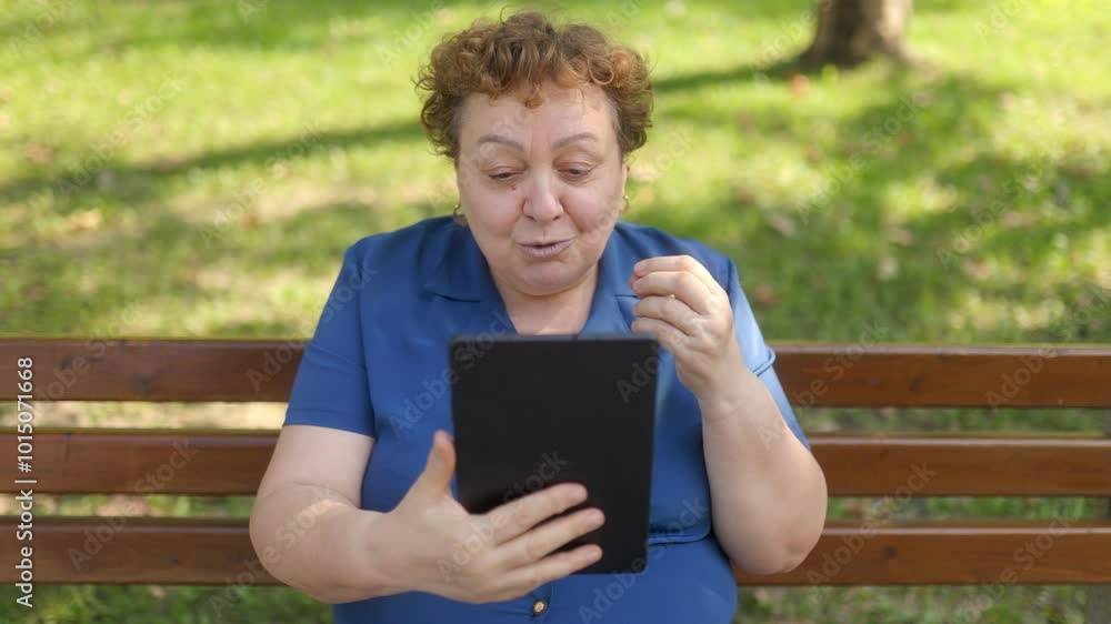 Happy Pensioner Engaging in Digital Conversation on a Park Bench Happy Pensioner Engaging in Digital Conversation on a Park Bench