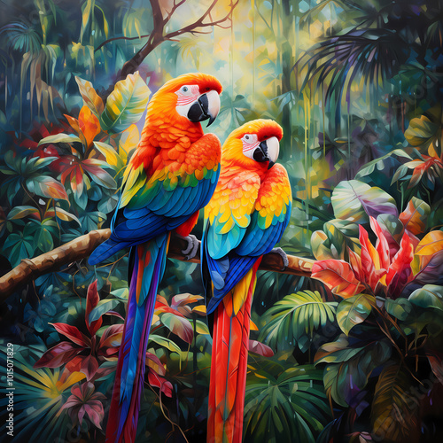 Wallpaper Mural Colorful parrots in a tropical rainforest  Torontodigital.ca