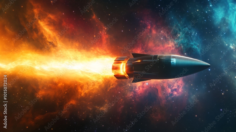 A rocket is ascending through space, surrounded by a colorful nebula. Vibrant flames propel it forward, creating a stunning display of orange and yellow against the cosmic backdrop.