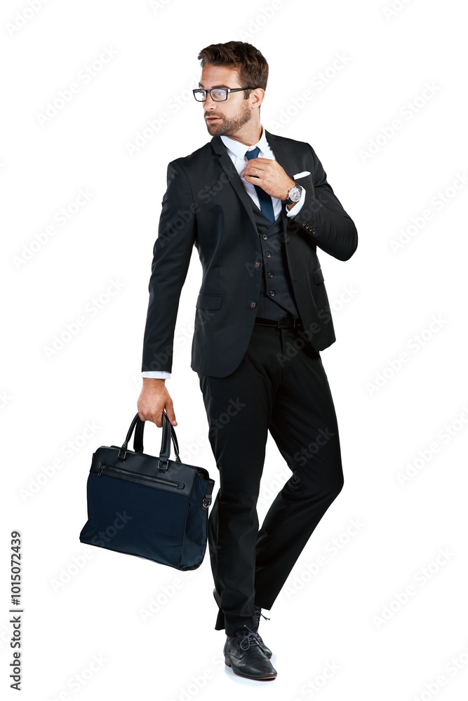 Business man, spy and suit with confidence with professional, fashion and entrepreneur in studio. Executive, briefcase and job with glasses and corporate agent with white background and work bag Business man, spy and suit with confidence with professional, fashion and entrepreneur in studio. Executive, briefcase and job with glasses and corporate agent with white background and work bag