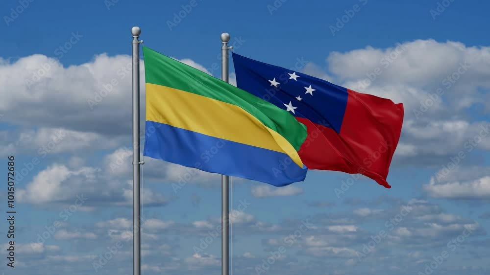 Samoa and Gabon flags flying together, video concept of the relationship, two country cooperation concept Samoa and Gabon flags flying together, video concept of the relationship, two country cooperation concept
