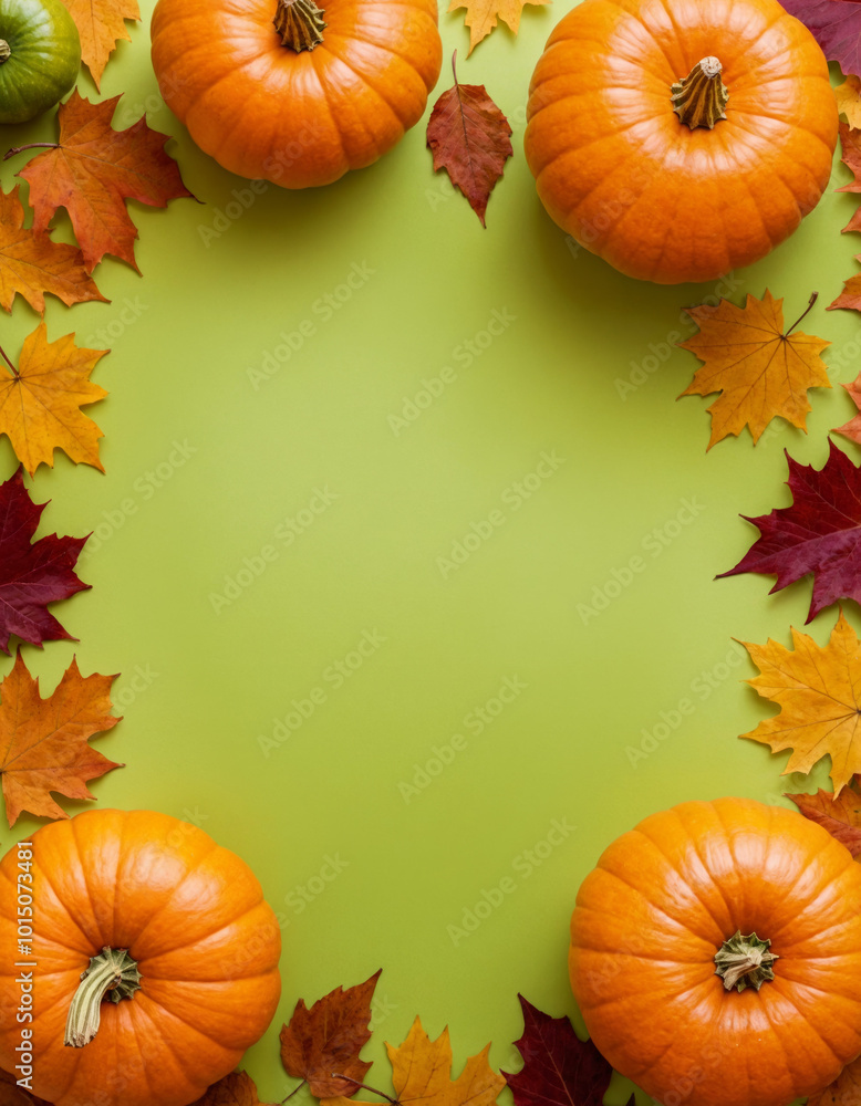 Orange pumpkins and autumn leaves on a flat green background. Concept for Thanksgiving, Harvest Festival or Halloween celebrations. Autumn flat lay for banner with copy space for text. Top view. Orange pumpkins and autumn leaves on a flat green background. Concept for Thanksgiving, Harvest Festival or Halloween celebrations. Autumn flat lay for banner with copy space for text. Top view.