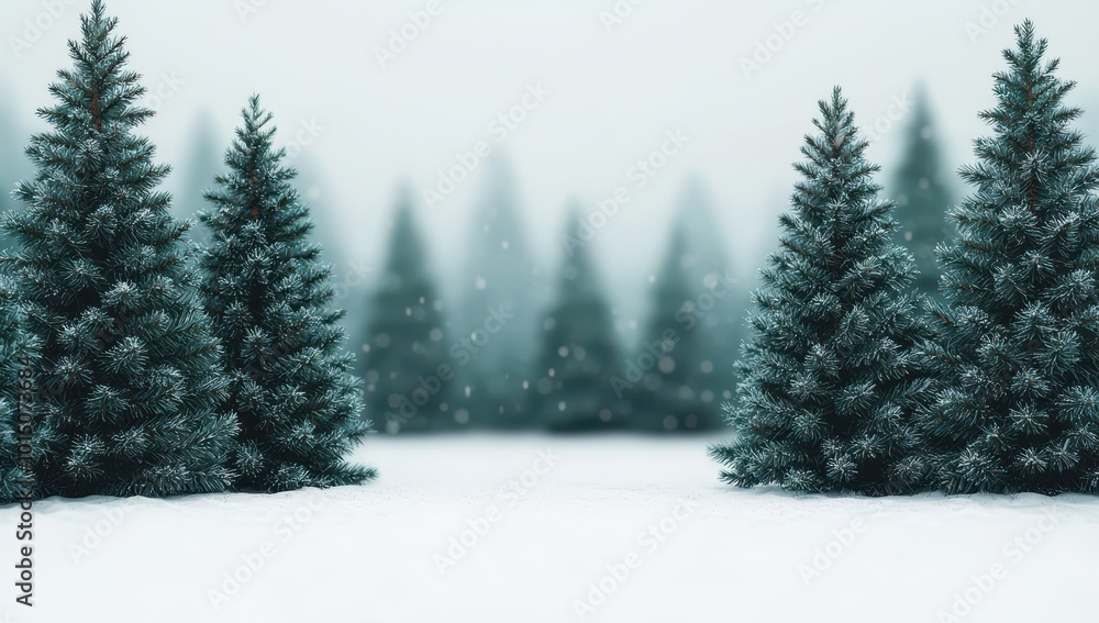 Obraz premium Snowy Christmas tree forest with falling snow. Winter background.