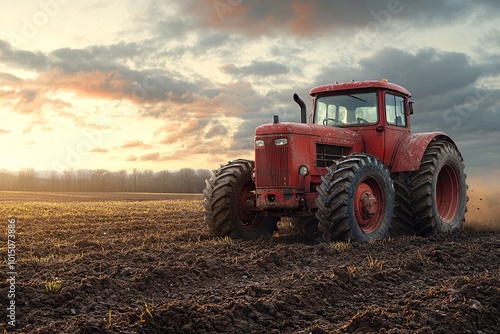 Red Tractor Working in Vast Field at Sunrise