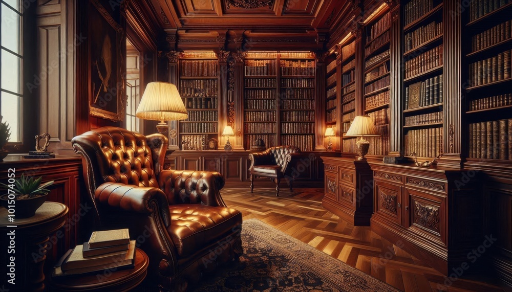 A classic law office with leather-bound books, an ornate desk lamp casting warm light on the dark wood walls and shelves filled with ancient legal tomes A classic law office with leather-bound books, an ornate desk lamp casting warm light on the dark wood walls and shelves filled with ancient legal tomes