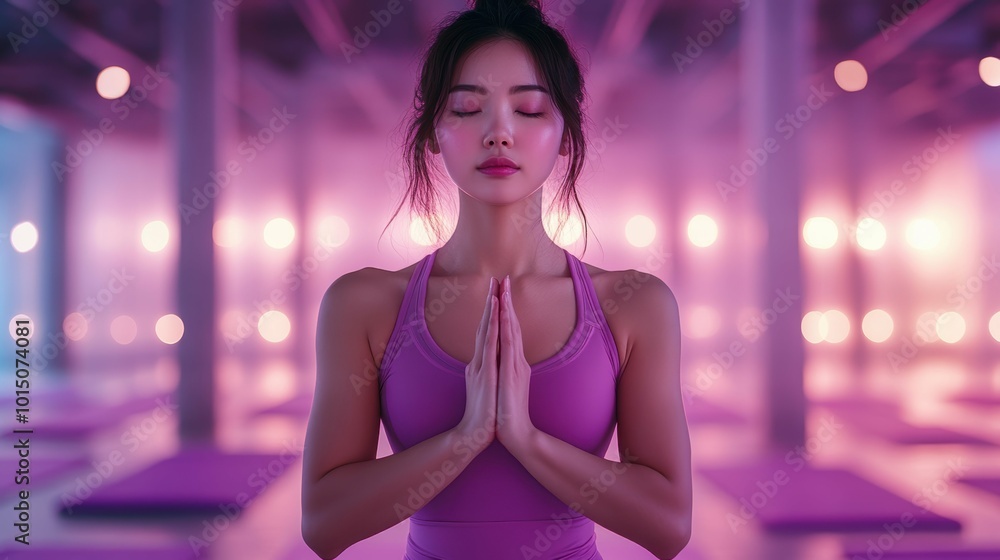 A young Asian woman in a yoga pose, exuding balance and harmony, on a soft lavender background A young Asian woman in a yoga pose, exuding balance and harmony, on a soft lavender background