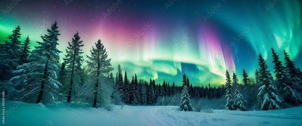 Polar northen lights in the snowy forest. AI generated Polar northen lights in the snowy forest. AI generated