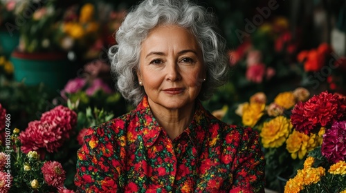 Surrounded by nature, an elderly woman with gray hair tends to vibrant flowers in her garden, savoring the peacefulness of the outdoors.