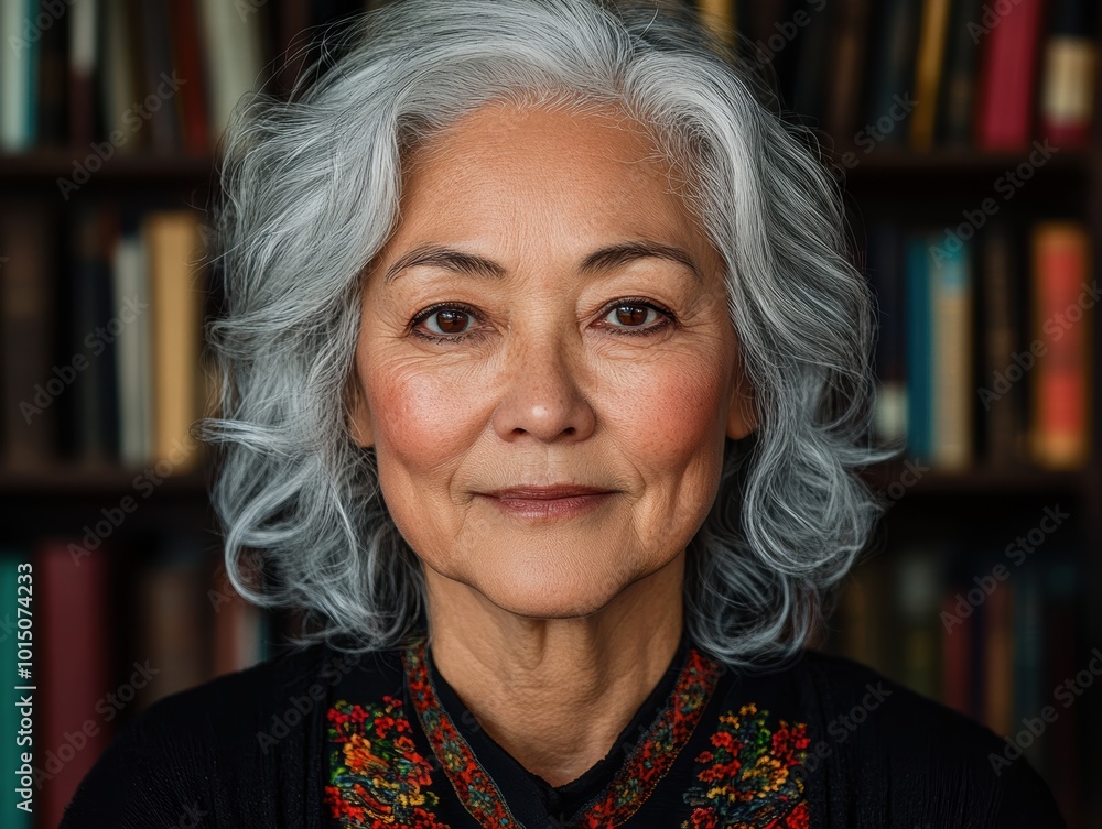 Portrait of a mature woman with gray hair, wearing traditional clothing, seated in a library setting with bookshelves in the background. Portrait of a mature woman with gray hair, wearing traditional clothing, seated in a library setting with bookshelves in the background.
