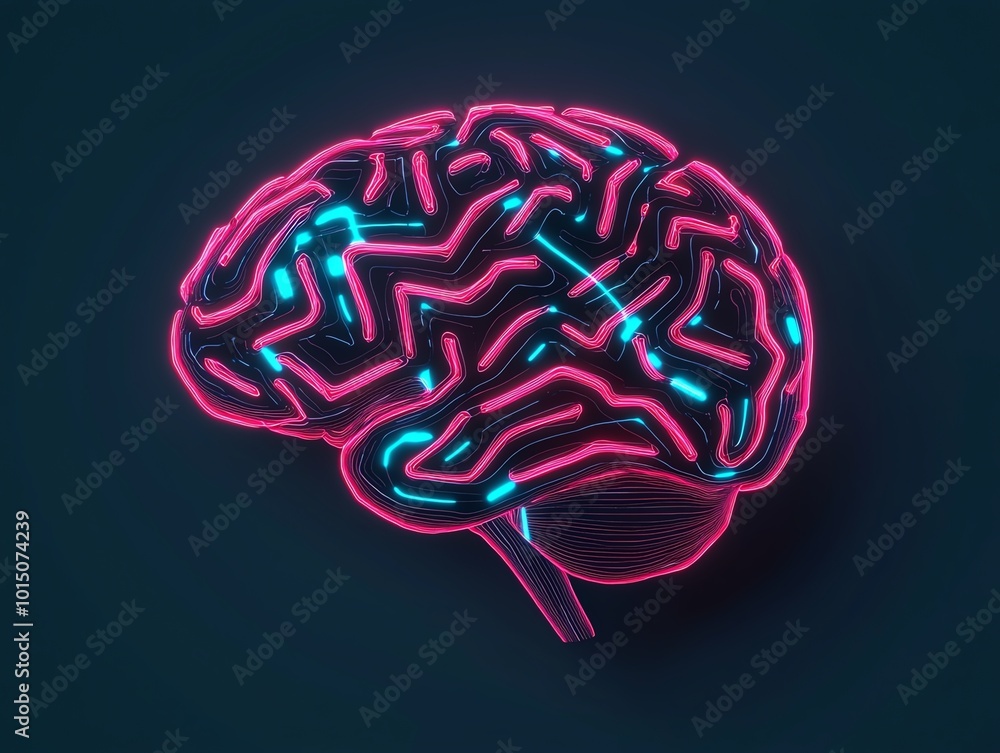 Neon brain design, vibrant colors on dark background, artistic representation. Neon brain design, vibrant colors on dark background, artistic representation.