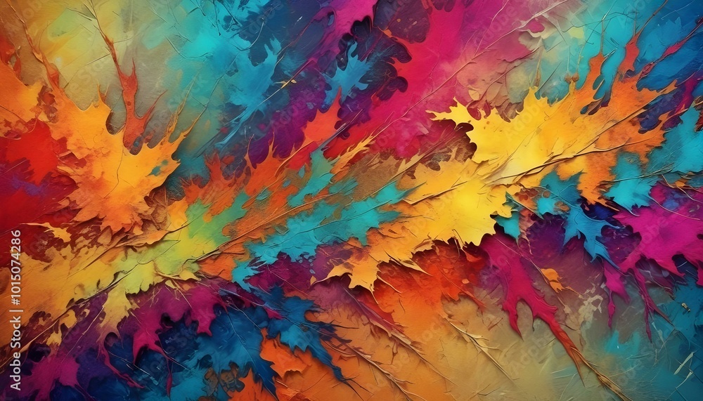 Abstract colorful paint drips and splashes with vibrant autumn leaves pattern, digital artwork Abstract colorful paint drips and splashes with vibrant autumn leaves pattern, digital artwork