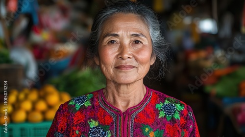 A joyful elderly Asian woman in traditional red garments is seen standing before a vibrant market displaying fresh produce. photo