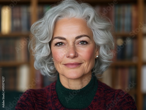 A mature woman with gray hair, dressed in traditional clothing, is seated in a cozy library with bookshelves lining the background. photo