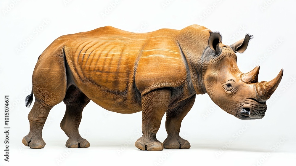 Fototapeta premium A bold and powerful rhinoceros with strong, defined features, set on a white backdrop