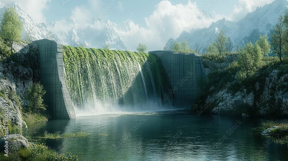 Fototapeta premium Water management Dam and reservoir morphing into nature-based water purification ecosystem