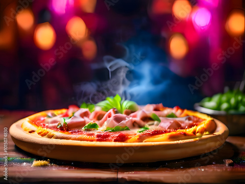 Delicious Pizza with Toppings and Fresh Ingredients on a Wooden Table