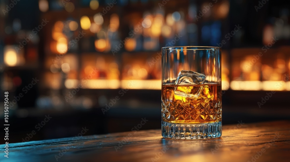 Premium whiskey bottle and glass with a softly blurred vintage bar background Premium whiskey bottle and glass with a softly blurred vintage bar background