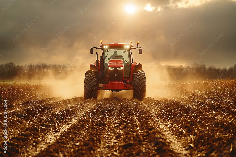 Fototapeta premium Red Tractor Plowing Soil Under Bright Sunlight