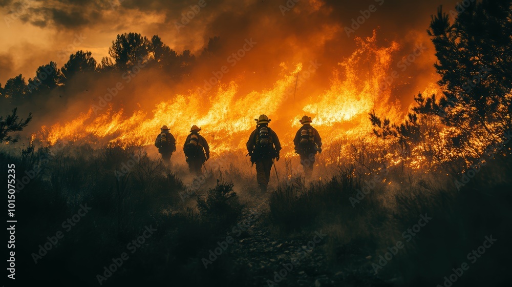 Firefighters working in uniform to contain a wildfire, showcasing their dedication and the scale of the emergency response Firefighters working in uniform to contain a wildfire, showcasing their dedication and the scale of the emergency response