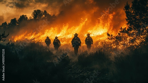 Firefighters working in uniform to contain a wildfire, showcasing their dedication and the scale of the emergency response