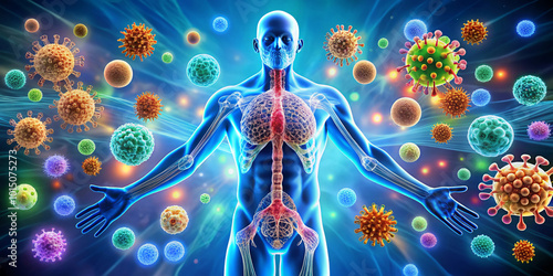 Human immune system illustrations show colorful virus particles surrounding a muscular figure, highlighting the body's defense mechanisms and the interaction between strength and immunity photo