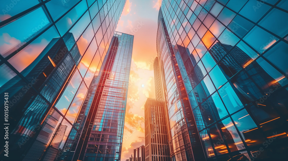 Reflective skyscrapers, business office buildings Reflective skyscrapers, business office buildings