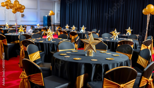 A sophisticated banquet hall setup featuring round tables with black tablecloths and golden star centerpieces, creating a glamorous ambiance for a special event or celebration.

